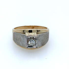 45066 14K TWO TONE .20CT ROUND DIAMOND SQUARE CENTER FLORENTINE BRUSH ACCENT MENS RING