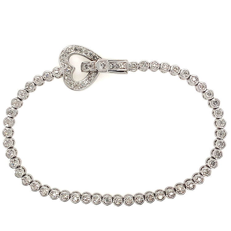 20455 14K WHITE GOLD .70CT DIAMOND  ROUND SETTING HEART LOCK TENNIS BRACELET