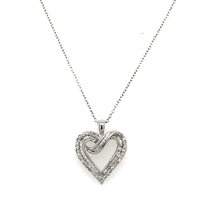 70611 14K WHITE GOLD .50CT BAGUETTE AND ROUND DIAMOND OPEN CUT SWIRL HEART PENDANT SET