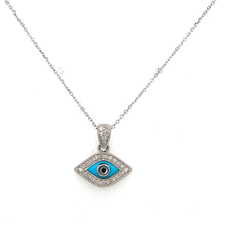 70614 14K WHITE GOLD .20CT DIAMOND AND TURQUOISE EVIL EYE PENDANT SET
