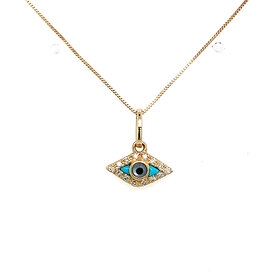 70613 14K YELLOW GOLD .10CT DIAMOND TURQUOISE EVIL EYE PENDANT