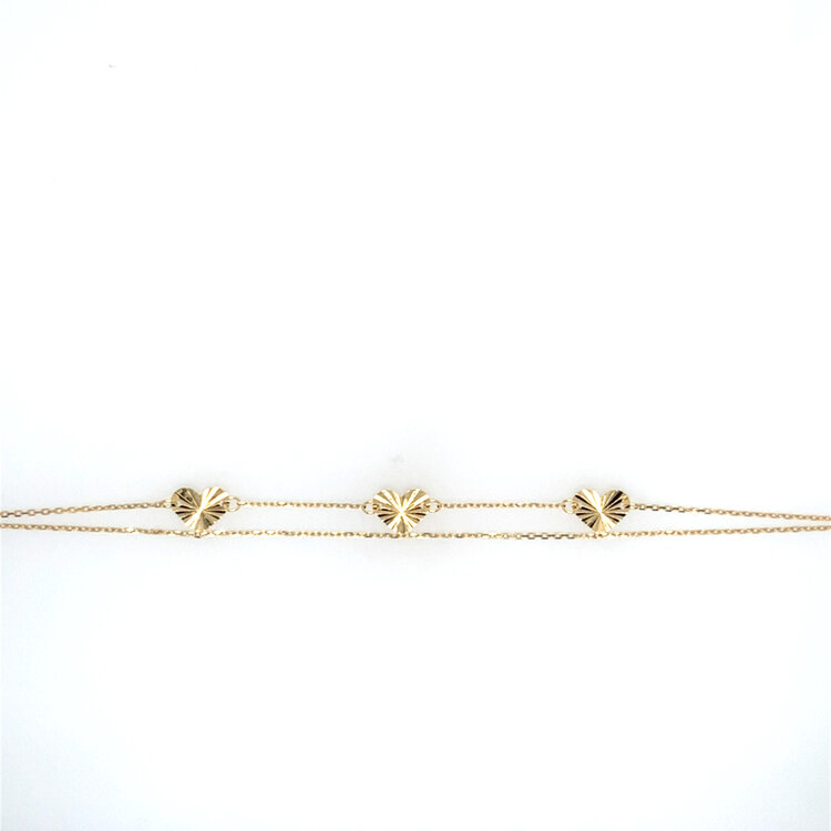 20460 14K YELLOW GOLD 3 STARBURST HEARTS ON DOUBLE LINK BRACELET (6.5+1"EXT)