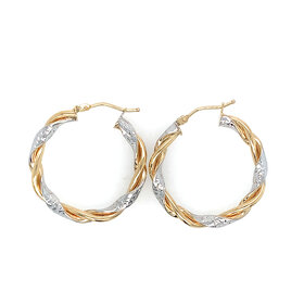 31564 14K 1" TWO TONE ALTERNATING  HIGH POLISHED YELLOW WITH TWISTED DIAMOND CUT WHITE GOLD HOOPS