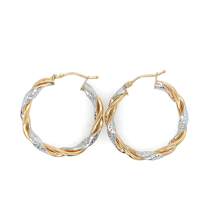 31564 14K 1" TWO TONE ALTERNATING  HIGH POLISHED YELLOW WITH TWISTED DIAMOND CUT WHITE GOLD HOOPS