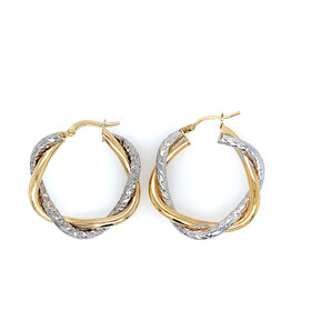 31565 14K TWO TONE 1" TWISTED ALTERNATING HIGH POLISHED AND DIAMOND CUT HOOPS