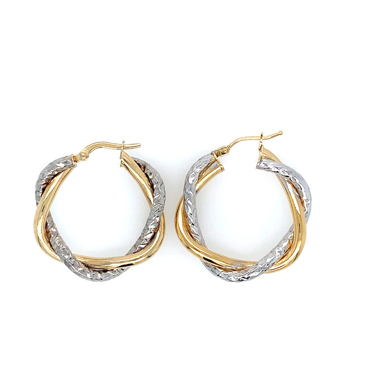 31565 14K TWO TONE 1" TWISTED ALTERNATING HIGH POLISHED AND DIAMOND CUT HOOPS