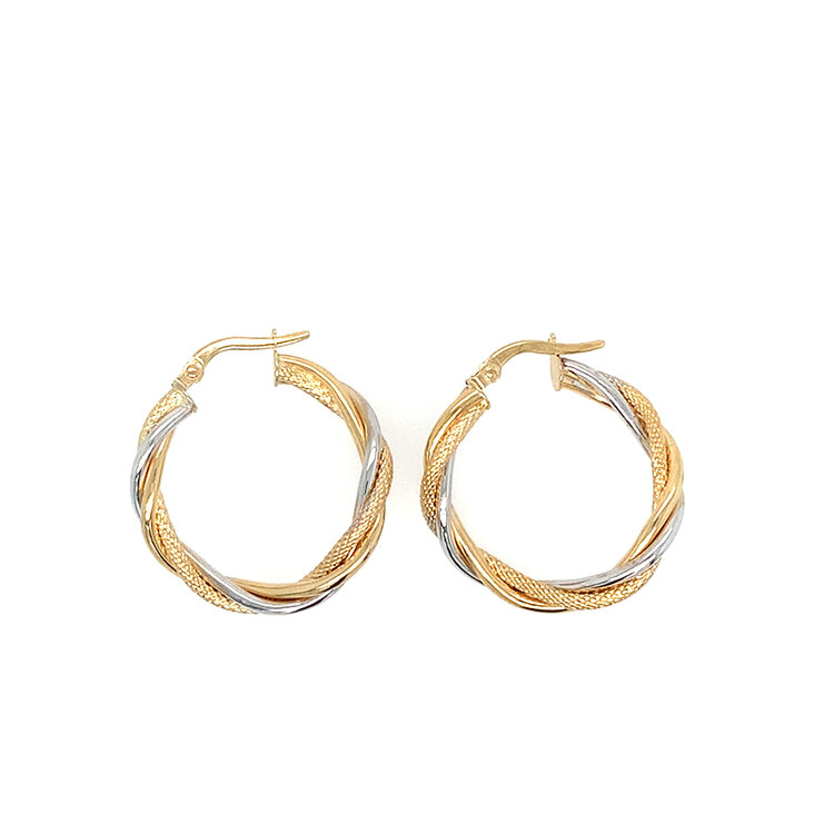 31566 14K TWO TONE 1" TRIPLE TEXTURED TWISTED WAVEY HOOPS