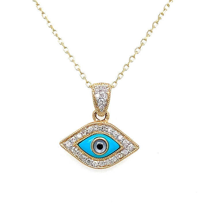 70185 14K YELLOW GOLD .15TCW DIAMOND AND TURQUOISE MILGRAIN DESIGN MARQUIS SHAPE EVIL EYE PENDANT SET