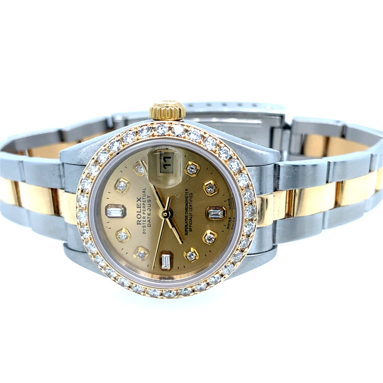 10051 TWO TONE ROLEX .70CT DIAMOND BEZEL AND .17CT ON GOLD DIAL 26MM LADY-DATEJUST 26MM WATCH