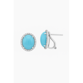 31568 14K WHITE GOLD .40CT DIAMOND HALO TURQUOISE OVAL CABOCHON CUT OMEGA CLASP EARRINGS