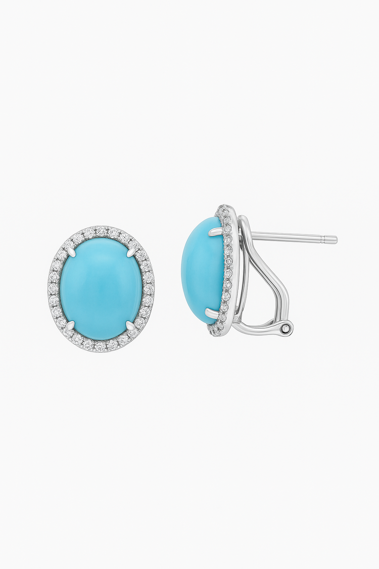 31568 14K WHITE GOLD .40CT DIAMOND HALO TURQUOISE OVAL CABOCHON CUT OMEGA CLASP EARRINGS
