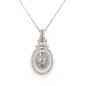 70617 18K WHITE GOLD .85CT DIAMOND DANGLING DIAMOND DOUBLE HALO BAGUETTE AND ROUND DIAMOND FANCY PENDANT SET
