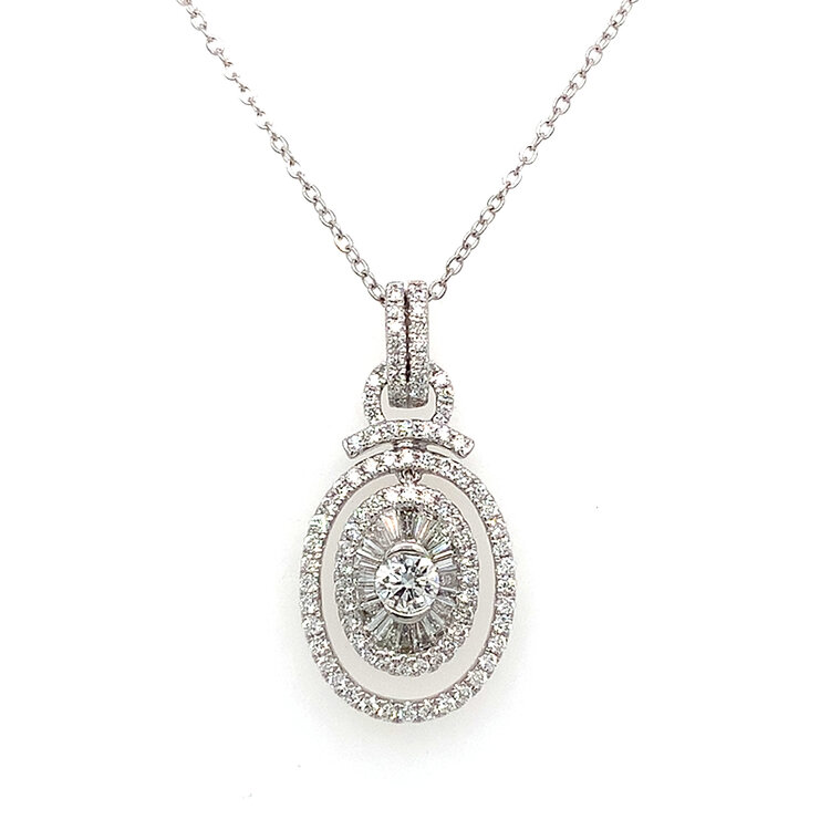 70617 18K WHITE GOLD .85CT DIAMOND DANGLING DIAMOND DOUBLE HALO BAGUETTE AND ROUND DIAMOND FANCY PENDANT SET