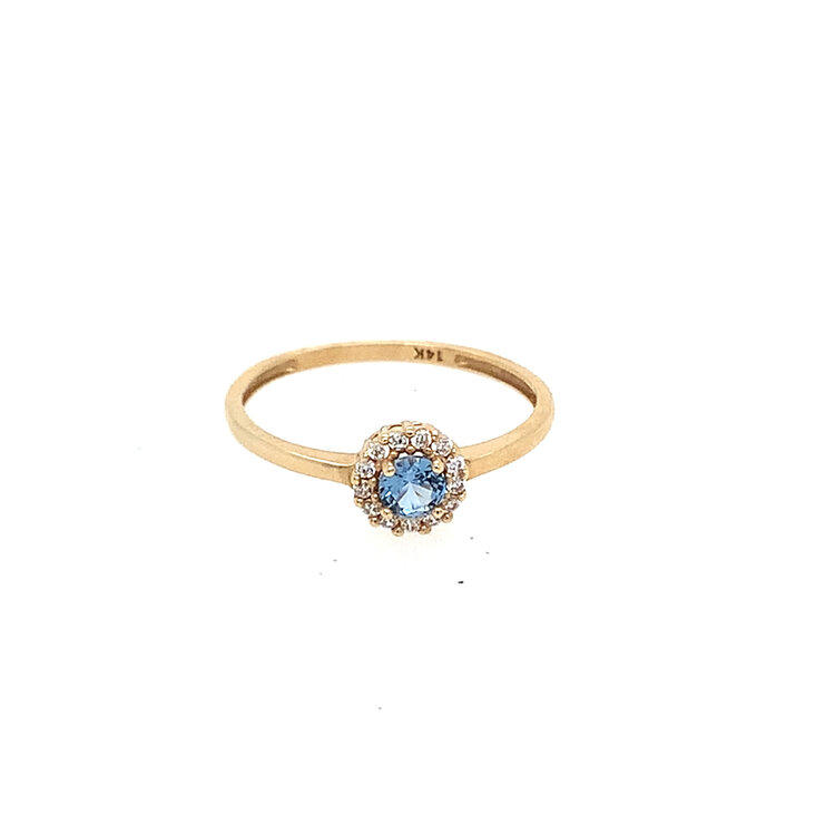 40471 14K YELLOW GOLD ROUND BABY BLUE CENTER WITH CUBIC ZIRCONIA HALO CHILDRENS RING