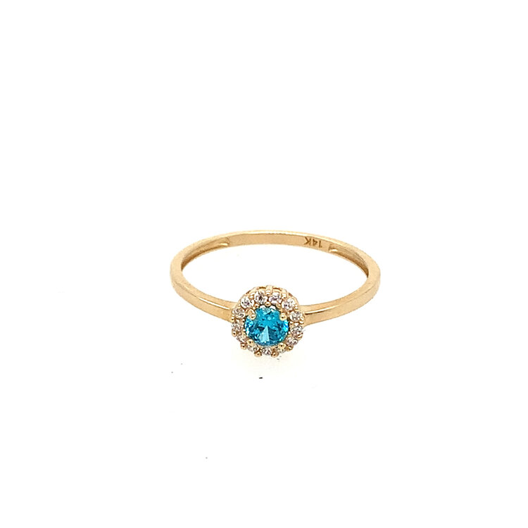 40468 14K YELLOW GOLD ROUND BLUE CENTER WITH CUBIC ZIRCONIA HALO CHILDRENS RING