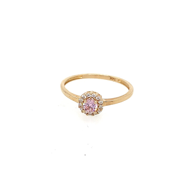 40467 14K YELLOW GOLD ROUND PINK CENTER WITH CUBIC ZIRCONIA HALO CHILDRENS RING