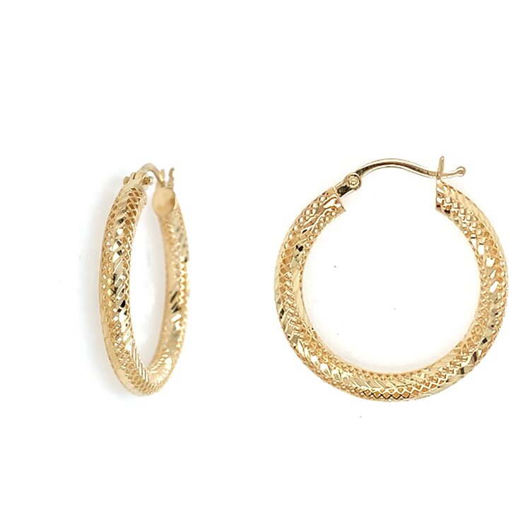 31573 14K YELLOW GOLD DIAMOND CUT CUT-OUT TUBED 1" HOOPS