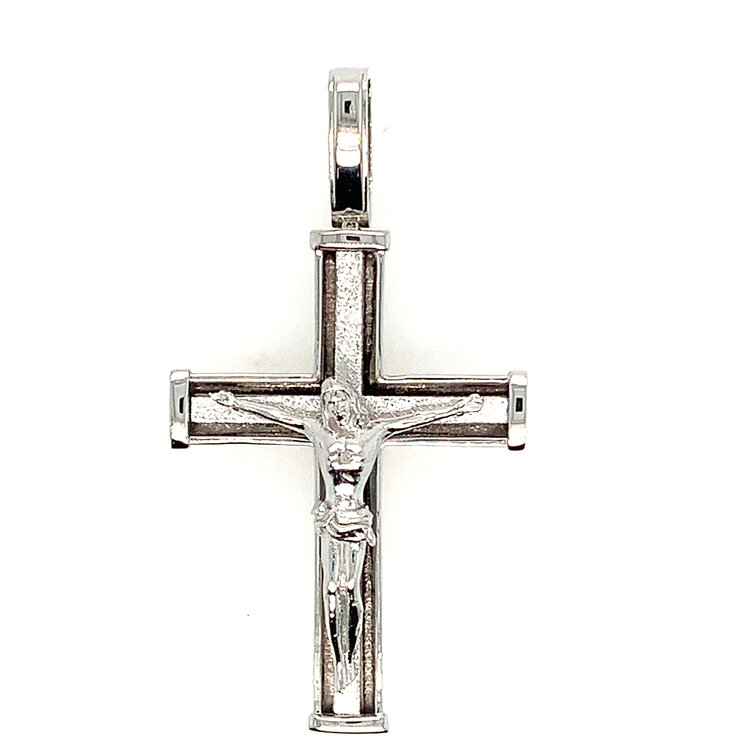 77390 14K WHITE GOLD 1.75" CRUCIFIX WITH TEXTURED CENTER AND CUT AROUND BORDER