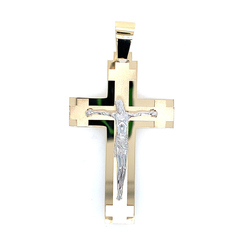 77397 14K TWO TONE 1.75" SATIN CENTER CROSSES AT ENDS CRUCIFIX