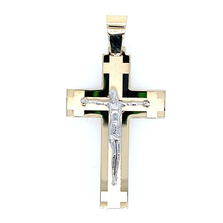 77398 14K TWO TONE 2.25" SATIN CENTER CROSSES AT ENDS CRUCIFIX