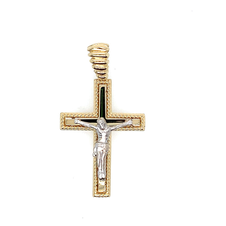 77394 14K TWO TONE CRUCIFIX 1.5" BEADED BORDER WITH COILED BAIL
