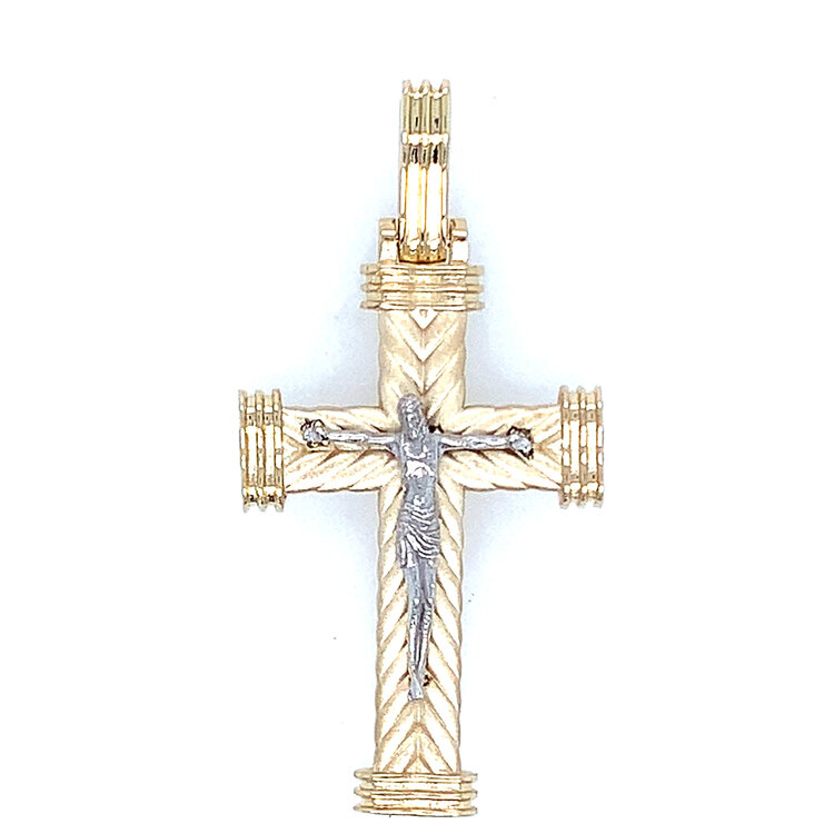 77396 14K TWO TONE 1.5" CRUCIFIX WITH WEAVED CENTER AND RIBBED ENDCAPS