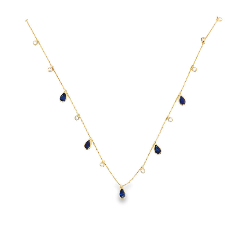 60214 14K YELLOW GOLD .25CTW DIAMOND PEAR SHAPE SAPPHIRE DANGLING NECKPIECE