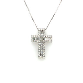 70620 14K WHITE GOLD 1CT BAGUETTE & ROUND DIAMOND CROSS PENDANT SET