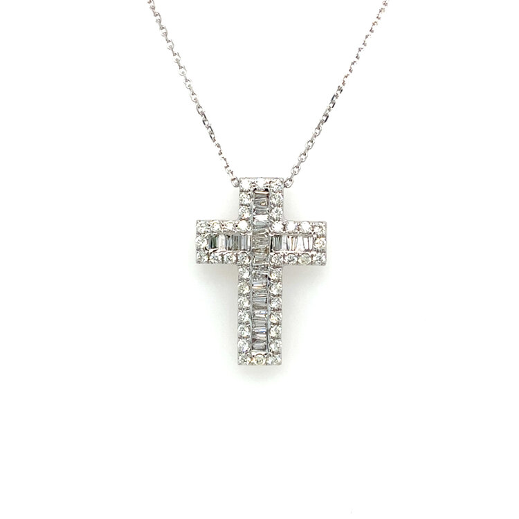 70620 14K WHITE GOLD 1CT BAGUETTE & ROUND DIAMOND CROSS PENDANT SET