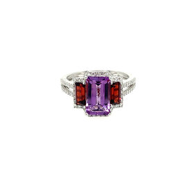40477 14K WHITE GOLD .35TCW DIAMOND EMERALD CUT AMETHYST WITH TWO GARNETS ON THE SIDE RING