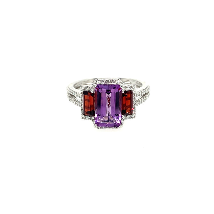 40477 14K WHITE GOLD .35TCW DIAMOND EMERALD CUT AMETHYST WITH TWO GARNETS ON THE SIDE RING