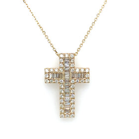 70622 14K YELLOW GOLD 1CT BAGUETTE & ROUND DIAMOND CROSS PENDANT SET