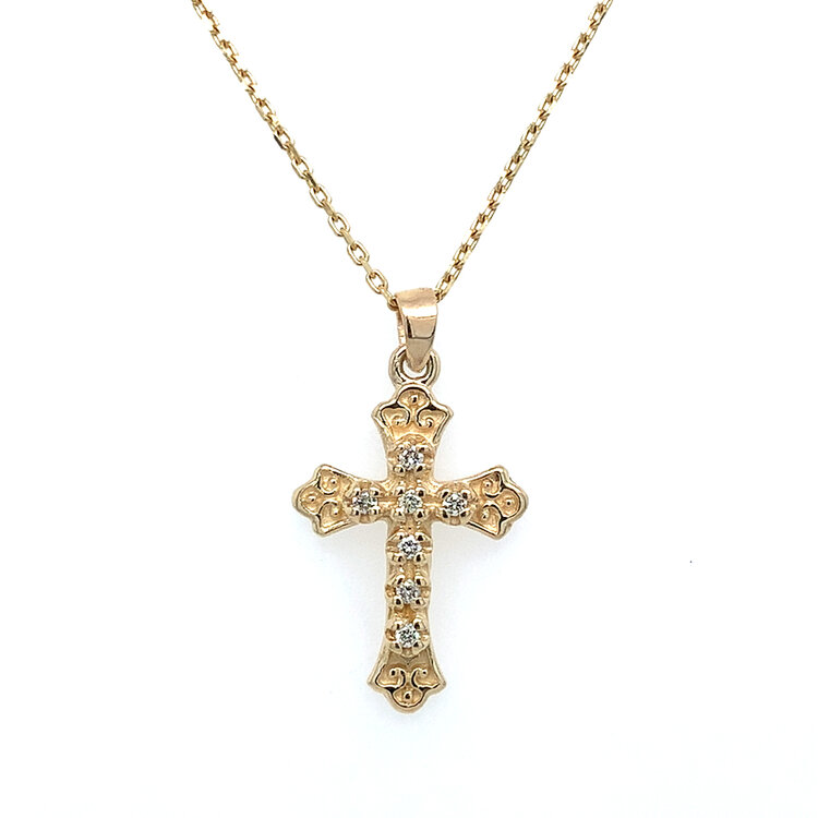 70626 14K YELLOW GOLD .13TCW DIAMOND FLEUR DE LIS CROSS SET