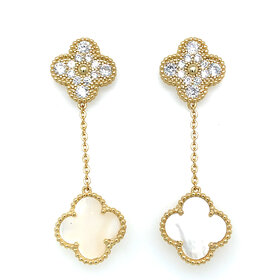 80203 STERLING SILVER GOLD PLATED DOUBLE CLOVER CUBIC ZIRCONIA AND MOTHER OF PEARL HANGING EARRINGS 15MM