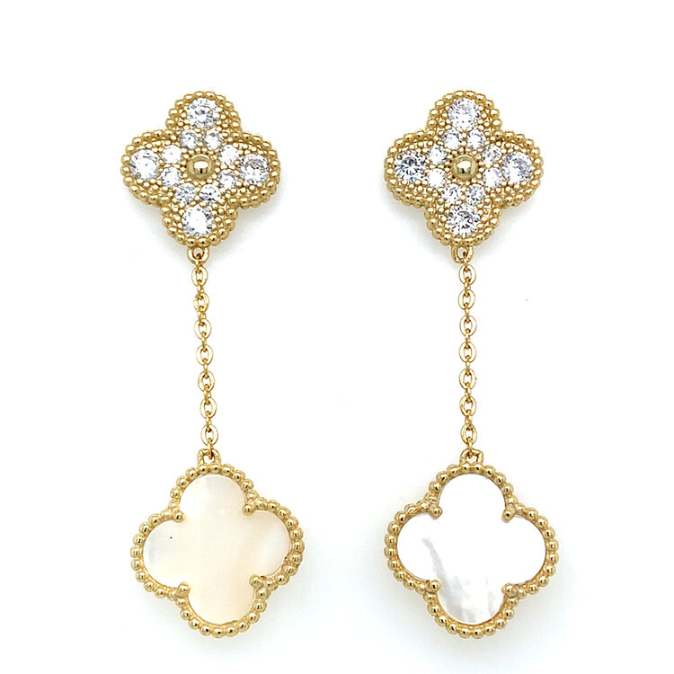 80203 STERLING SILVER GOLD PLATED DOUBLE CLOVER CUBIC ZIRCONIA AND MOTHER OF PEARL HANGING EARRINGS 15MM