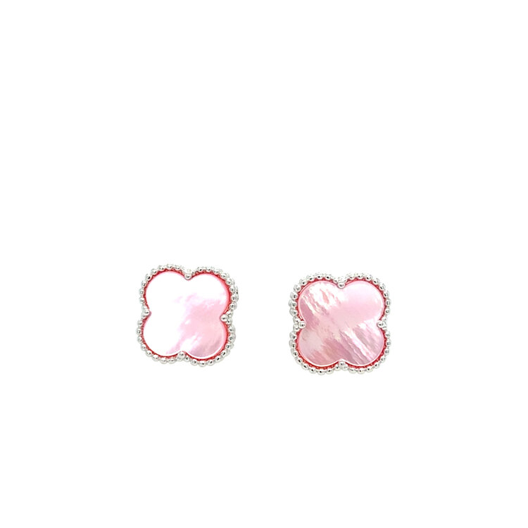 80191 STERLING SILVER RHODIUM 14MM PINK MOTHER OF PEARL CLOVER STUDS EARRINGS