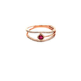 40106 14K ROSE GOLD .20TCW DIAMOND RUBY CENTER TRIPLE THIN BAND RING