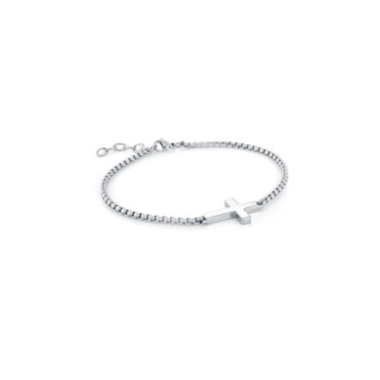 SMB545 ITALGEM STAINLESS STEEL CROSS ON ROUND BOX BRACELET 7.5+1"