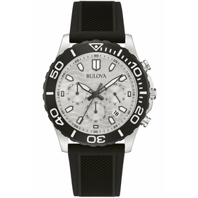 BULOVA STAINLESS STEEL WHITE WAVED DESIGN DIAL BLACK BEZEL SILICONE STRAP MENS WATCH
