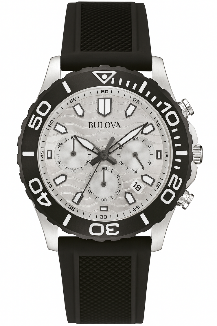 BULOVA STAINLESS STEEL WHITE WAVED DESIGN DIAL BLACK BEZEL SILICONE STRAP MENS WATCH