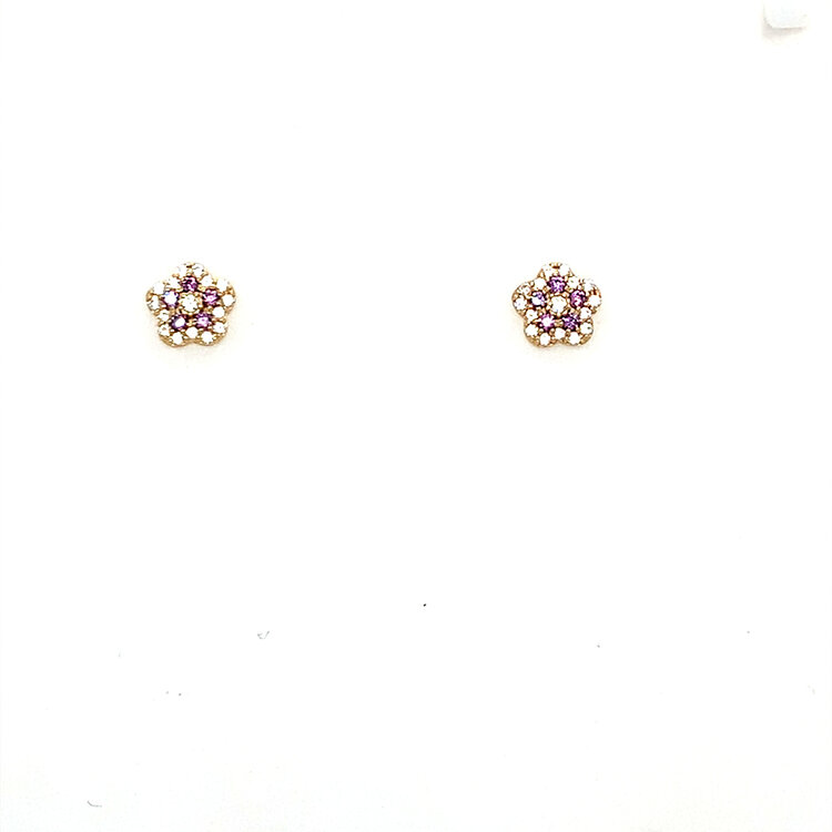 31596 14K YELLOW GOLD PURPLE FLOWER CUBIC ZIRCONIA SCREW BACK STUDS