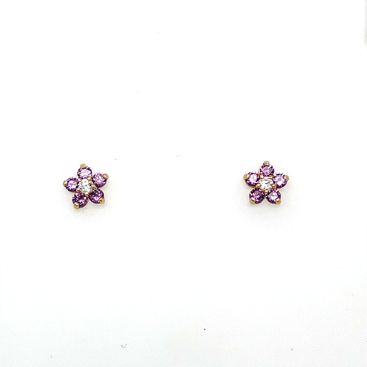 31594 14K YELLOW GOLD PURPLE FLOWER CUBIC ZIRCONIA SCREW BACK STUDS 6MM