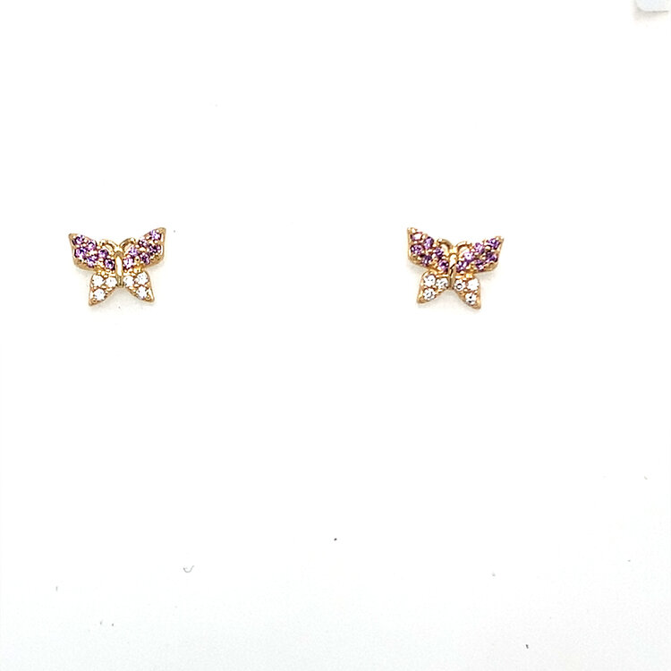 31603 14K YELLOW GOLD WHITE AND PURPLE CUBIC ZIRCONIA PAVE SET BUTTERFLY SCREW BACK STUDS