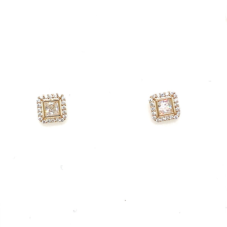 31601 14K YELLOW GOLD CUBIC ZIRCONIA BEZEL SET SQUARE HALO SCREW BACK STUDS