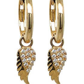 31607 14K YELLOW GOLD CUBIC ZIRCONIA AND HIGH POLISH DANGLING ANGEL WINGS HUGGIES