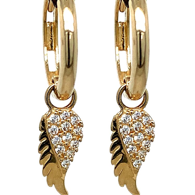 31607 14K YELLOW GOLD CUBIC ZIRCONIA AND HIGH POLISH DANGLING ANGEL WINGS HUGGIES