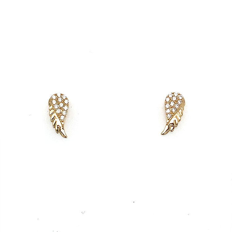 31606 14K YELLOW GOLD CUBIC ZIRCONIA AND HIGH POLISH ANGEL WINGS SCREW BACK STUDS