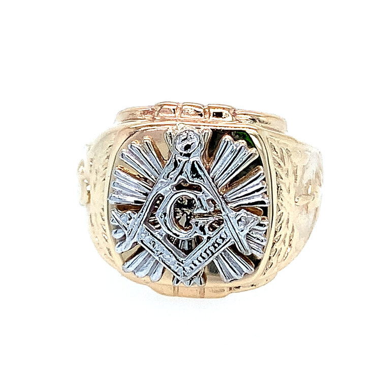 45069 10K TWO TONE MASON STARBURST DESIGN MEN'S RING