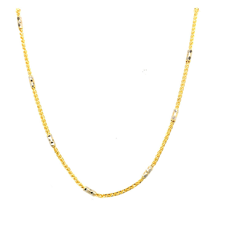 50477 14K 18" TWO TONE DIAMOND CUT BARREL ON WHEAT LINK CHAIN