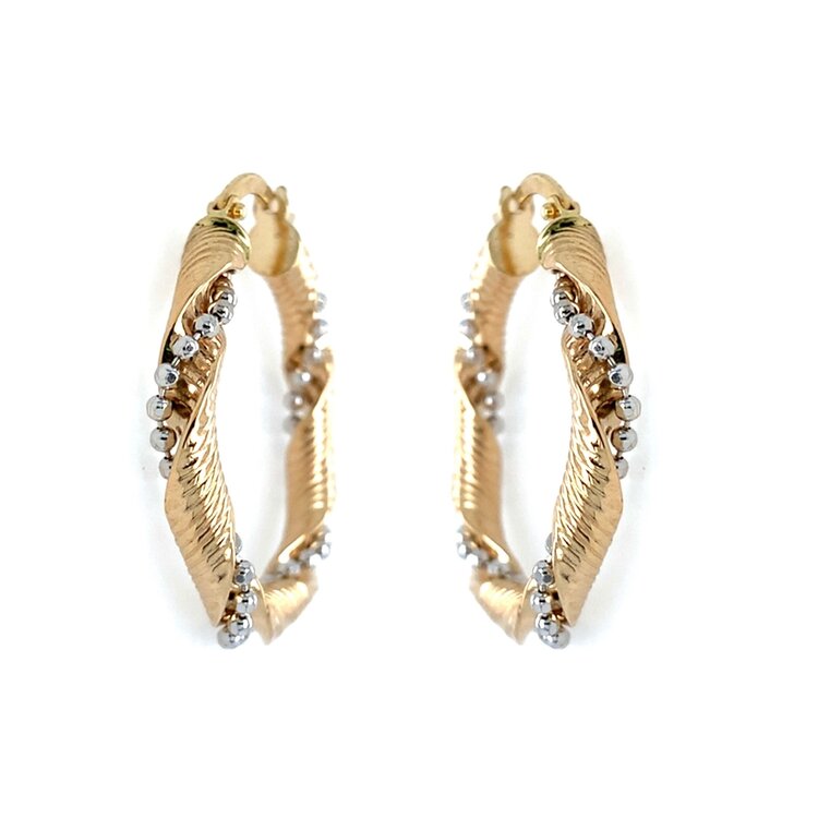 31624 14K TWO TONE TWISTED WITH BEAD CHAIN WRAPPING 1" HOOPS